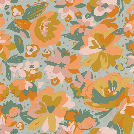 Обои Caselio Flower Power 101877023 Винил на флизелине (0,53*10,05) Зеленый/Оранжевый, Цветы