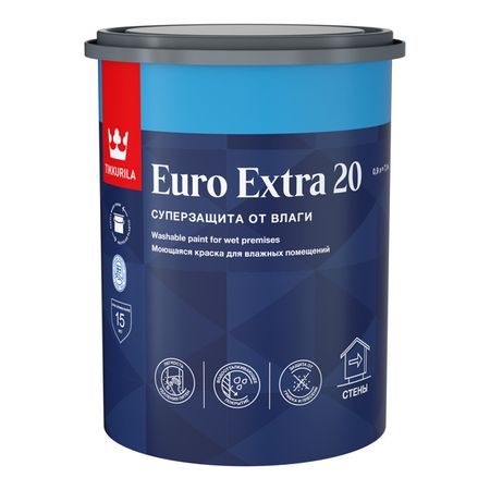 краска акриловая TIKKURILA Euro Extra 20 для стен и потолков база А 0,9л белая, арт.700001105