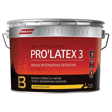 краска акриловая PARADE Pro Latex Е3 для стен и потолков белая 9л, арт.0005928