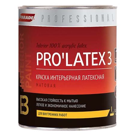 краска акриловая PARADE Pro Latex Е3 для стен и потолков бесцветная 0,9л, арт.0005955