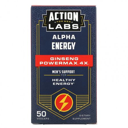 Action Labs, Alpha Energy, Ginseng Powermax 4x, поддержка для мужчин, 50 растительных капсул