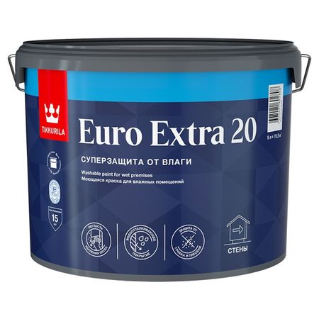 краска акриловая TIKKURILA Euro Extra 20 база С для стен и потолков 9л бесцветная, арт.700001110
