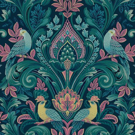 Обои Grandeco Arcadia A 67801 Винил на флизелине (0,53*10,05) Зеленый/Разноцветный, Дамаск/Птицы