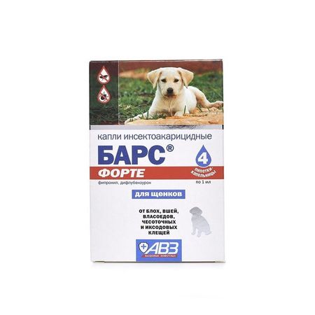 АВЗ Барс Форте капли инсектоакарицидные для щенков от блох иксодовых и чесоточных клещей вшей власоедов - 4 пипетки 704₽