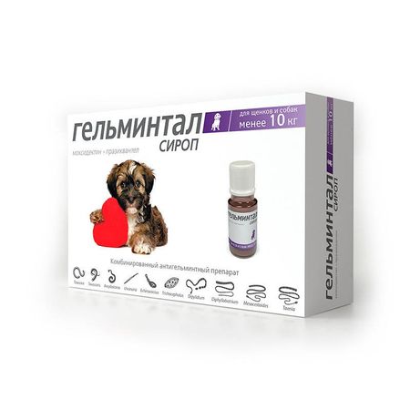 Гельминтал Сироп для щенков и собак менее 10 кг от ленточных и круглых гельминтов 10 мл 422₽