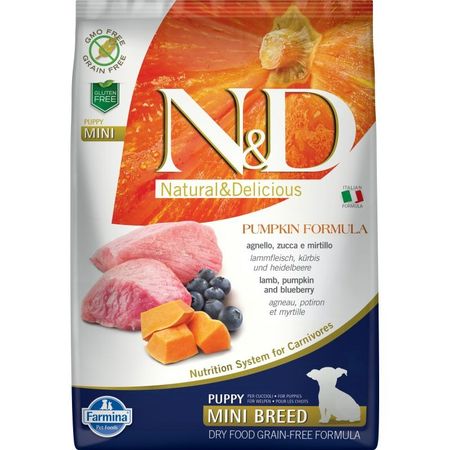 Farmina N ampD Pumpkin Dog Grain Free Lamb amp Blueberry Puppy Mini сухой беззерновой корм для щенков мелких пород с ягненком черникой и тыквой - 7 кг 9991₽