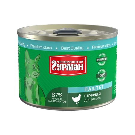 Четвероногий Гурман влажный корм для кошек, паштет с курицей, в консервах - 190 г (1 шт)