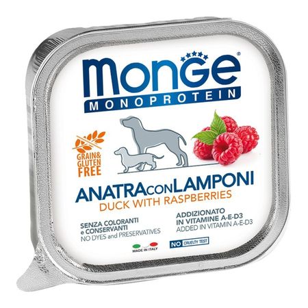 Monge Dog Natural Monoprotein Fruits полнорационный влажный корм для собак беззерновой паштет с уткой и малиной в ламистерах - 150 г 6072₽