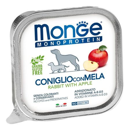 Monge Dog Natural Monoprotein Fruits полнорационный влажный корм для собак беззерновой паштет с кроликом и яблоком в ламистерах - 150 г 5465₽
