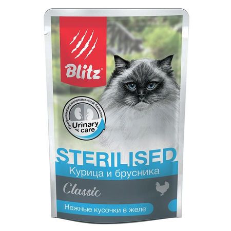 Blitz Classic Sterilised Cat Adult полнорационный влажный корм для стерилизованных кошек с курицей и брусникой кусочки в желе в паучах - 85 г 1710₽