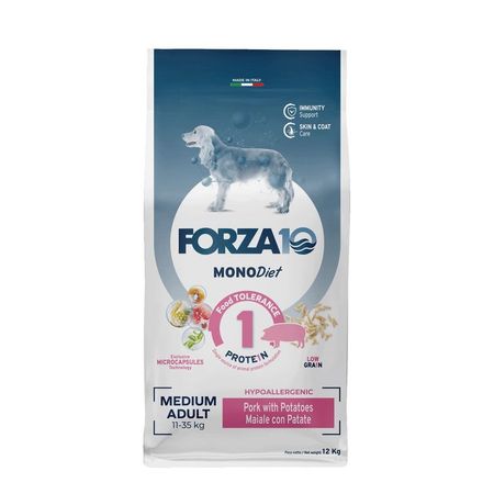 Forza10 Medium Diet Low Grain полнорационный диетический корм для взрослых собак средних пород из свинины картофеля и риса с микрокапсулами - 12 кг 9573₽