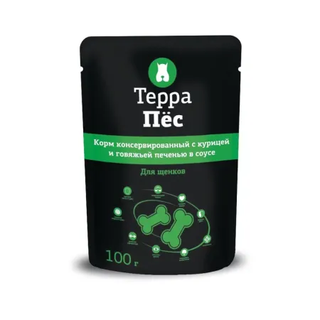 Терра Пёс влажный корм для щенков, с курицей и говяжьей печенью, кусочки в соусе, в паучах - 100 г