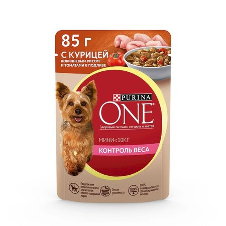 Purina ONE влажный корм для собак мелких пород при склоннности к набору веса с курицей коричневым рисом и томатами в подливе в паучах - 85 г 1222₽