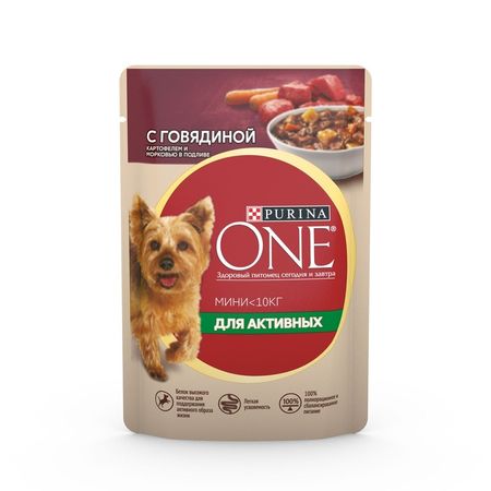 Purina ONE Мини влажный корм для собак мелких и карликовых пород при активном образе жизни с говядиной картофелем и морковью в подливе в паучах - 85 г 972₽