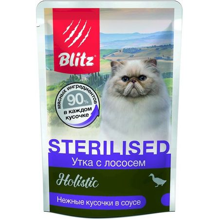 Blitz Holistic Sterilised полнорационный влажный корм для стерилизованных кошек и кастрированных котов с уткой и лососем кусочки в соусе в паучах - 85 г 2348₽