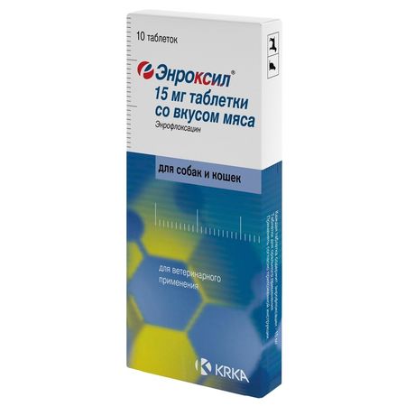 Энроксил KRKA 15 мг антибактериальный препарат для собак и кошек со вкусом мяса - 10 таблеток 622₽