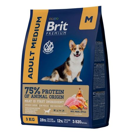 Brit Premium Dog Adult Medium полнорационный сухой корм для собак средних пород с курицей - 1 кг 420₽