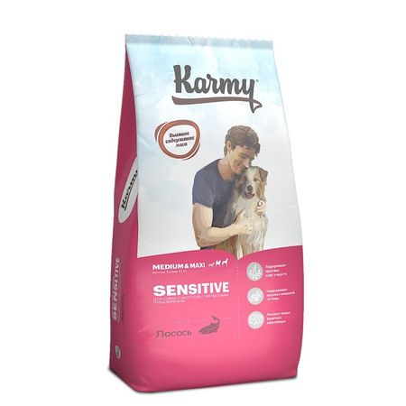 Karmy Sensitive Medium amp Maxi полнорационный сухой корм для собак средних и крупных пород с чувствительным пищеварением с лососем - 14 кг 5940₽