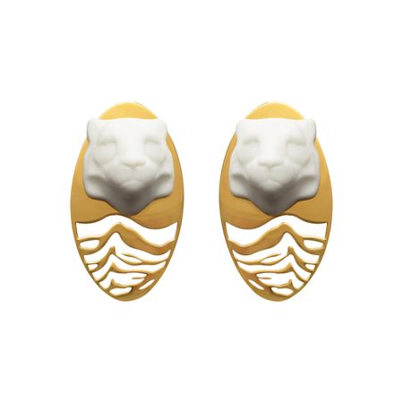 OXIOMA Золотистые полосатые клипсы с белыми тиграми из фарфора