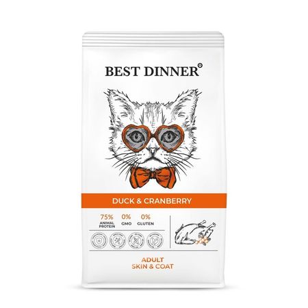 Best Dinner Adult Cat Skin amp Coat полнорационный сухой корм для кошек для ухода за кожей и шерстью с УТКОЙ и клюквой - 10 кг 5913₽