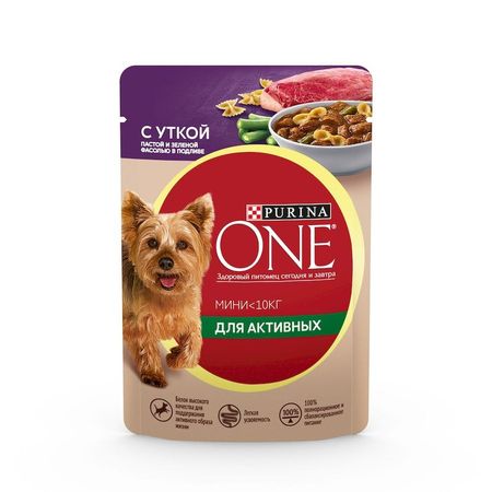Purina ONE Мини для активных влажный корм для собак мелких и миниатюрных пород с уткой пастой и зеленой фасолью кусочки в подливе в паучах - 85 г 1100₽