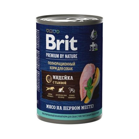 Brit Premium by Nature полнорационный влажный корм для собак с чувствительным пищеварением фарш из индейки с тыквой в консервах - 410 г 1002₽