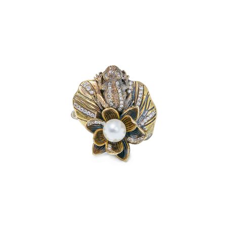Fiore di Firenze Золотистое кольцо «Лягушка на лотосе» с жемчугом и кристаллами