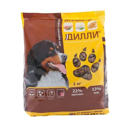 Дилли полнорационный сухой корм собак, с рагу из курицы с рисом - 1 кг