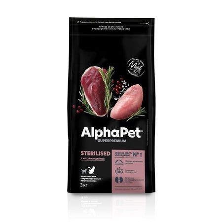 AlphaPet Superpremium сухой полнорационный корм для взрослых стерилизованных кошек и котов с УТКОЙ и ИНДЕЙКОЙ - 3 кг 3255₽