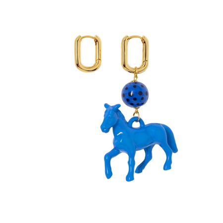 Kotlo Studio Золотистые серьги с синей лошадкой и бусиной Мурано