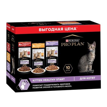 Pro Plan Kitten влажный корм для котят 4 с говядиной в соусе 3 с индейкой в соусе и 3 курицей в желе в паучах - 85 г 10 шт 897₽