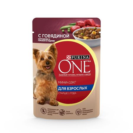 Purina ONE Adult влажный корм для взрослых собак мелких пород старше 1 года с говядиной картофелем и горохом в подливке в паучах - 85 г 1222₽