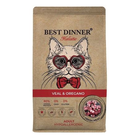 Best Dinner Holistic Hypoallergenic Adult Cat Veal amp Oregano полнорационный сухой корм для кошек с аллергией или чувствительным пищеварением гипоаллергенный с ТЕЛЯТИНОЙ и орегано - 15 кг 1513₽