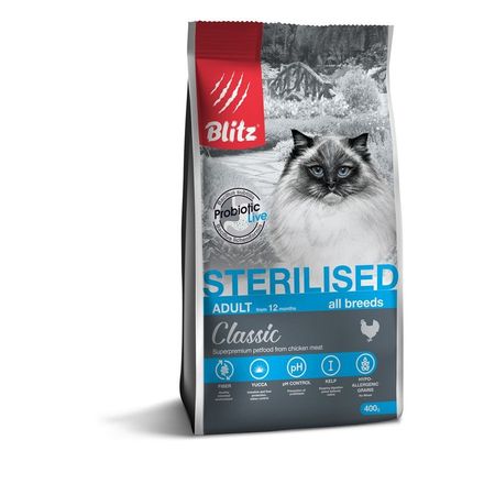 Blitz Classic Cat Sterilised сухой корм для взрослых стерилизованных кошек с курицей - 400 г 355₽