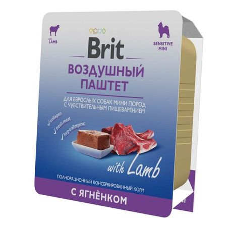 Brit Premium полнорационный влажный корм для собак мелких и миниатюрных пород с чувствительным пищеварением воздушный паштет с ягненком в ламистерах - 100 г 1204₽