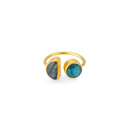 Lisa Smith Золотистое кольцо с двумя тёмными камнями синего и зеленого оттенка