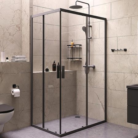 Комплект душевого уголка с душевой системой и аксессуарами AMPM Gem S 120x80 WK93ER профиль Черный матовый стекло прозрачное 110190₽