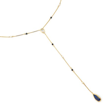 Wisteria Gems Длинное позолоченное колье-галстук с радужным лунным камнем, чёрной шпинелью, лазуритом и жемчугом