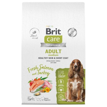 Brit Care Dog Adult M Healthy Skin ampShiny Coat сухой корм для взрослых собак средних пород для кожи и шерсти с лососем и индейкой - 12 кг 8157₽