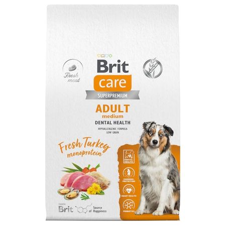 Brit Care Dog Adult M Dental Health сухой корм для взрослых собак средних пород для здоровья полости рта с индейкой - 12 кг 9348₽