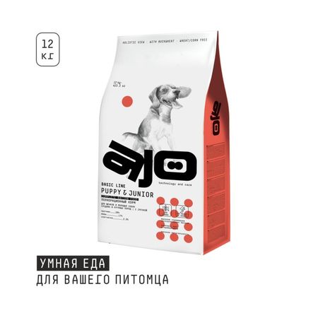 AJO Dog Puppy ampJunior сухой корм для щенков и молодых собак средних и крупных пород с ИНДЕЙКОЙ и гречкой - 12 кг 7430₽