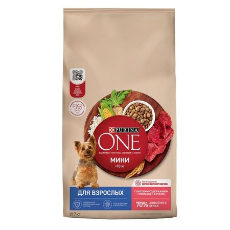 Purina One Мини сухой корм для взрослых собак мелких пород с высоким содержанием говядины и рисом - 7 кг 3126₽
