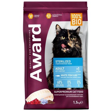 Award Sterilized Adult White Fish Sterilized сухой корм для стерилизованных кошек с белой РЫБОЙ клюквой и цикорием - 15 кг 1081₽