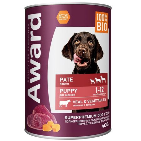 Award Pate Puppy Veal amp Vegetables влажный корм для щенков от 1 месяца с ТЕЛЯТИНОЙ и овощами в консервах - 400 г 4152₽