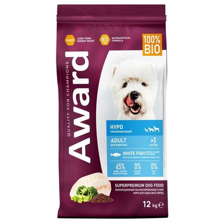 Award Hipo Adult White Fish Hypo сухой корм для собак всех пород с белой РЫБОЙ брокколи сельдереем и семенами льна - 12 кг 8463₽