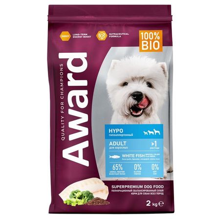 Award Hypo Adult White Fish сухой корм для собак всех пород с белой РЫБОЙ брокколи сельдереем и семенами льна - 2 кг 1793₽