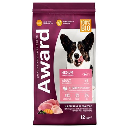 Award Medium Adult Turkey сухой корм для собак средних пород с ИНДЕЙКОЙ КУРИЦЕЙ морковью и черной смородиной - 12 кг 6355₽