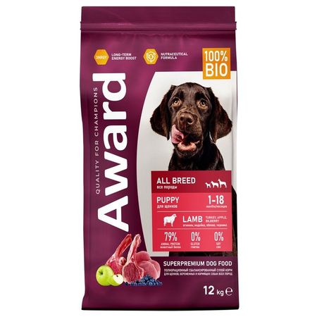 Award All Breed Puppy Lamb сухой корм для щенков от 1 месяца беременных и кормящих сук всех пород с ЯГНЕНКОМ ИНДЕЙКОЙ яблоком и черникой - 12 кг 7469₽