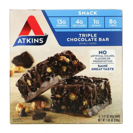 Atkins, Snack, Triple Chocolate, шоколадные батончики, 5 батончиков по 40 г (1,41 унции)