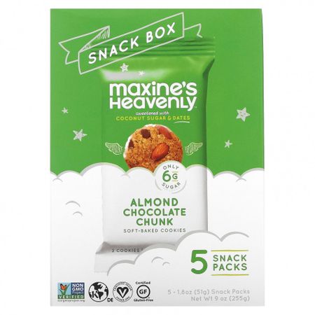 Maxine's Heavenly, Snack Box, мягкое овсяное печенье с кусочками шоколада и миндалем, 5 упаковок снека по 51 г (1,8 унции)